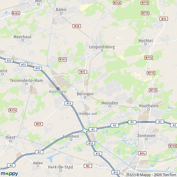 De kaart voor de stad 3530-3980 Beringen