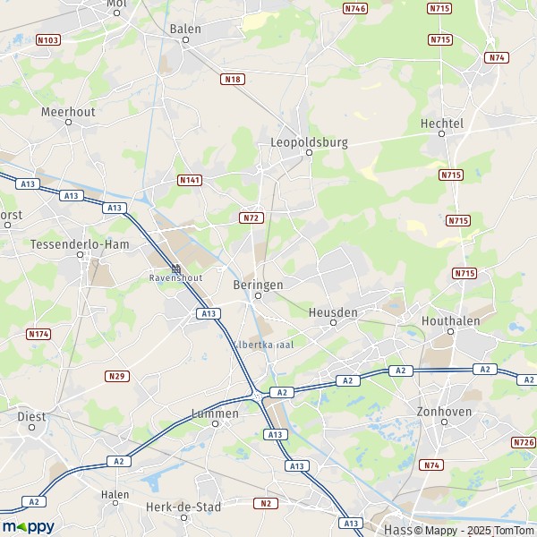 De kaart voor de stad 3580-3583 Beringen