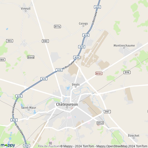 De kaart voor de stad Déols 36130