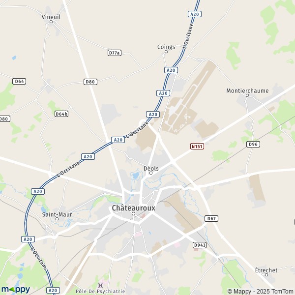 De kaart voor de stad Déols 36130