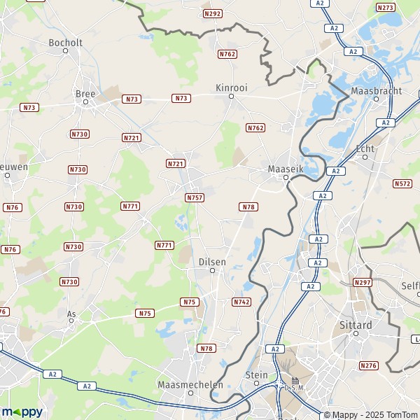 De kaart voor de stad 3640-3680 Maaseik