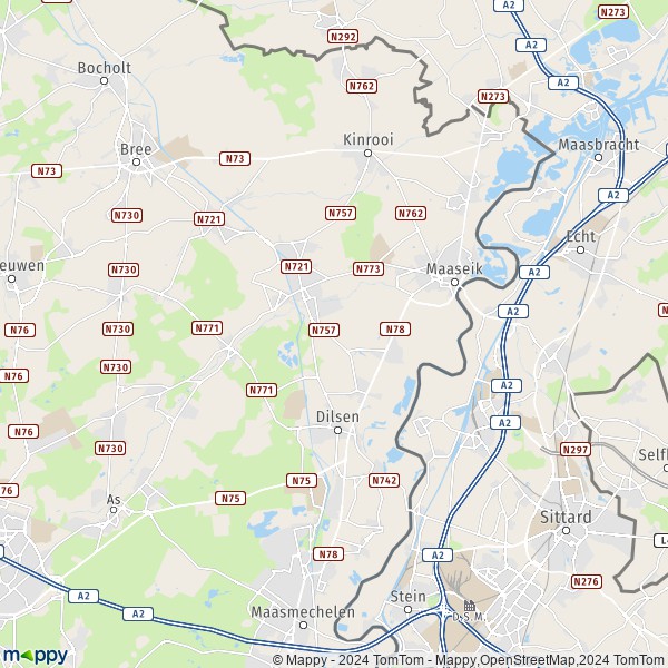 De kaart voor de stad 3680 Maaseik