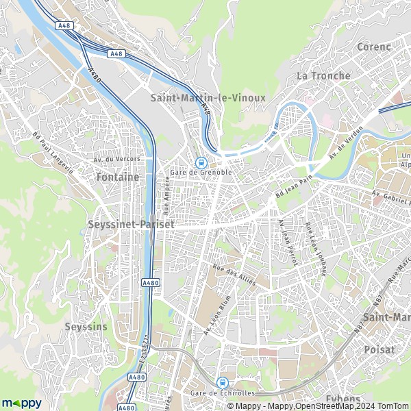 De kaart voor de stad Grenoble 38000-38100