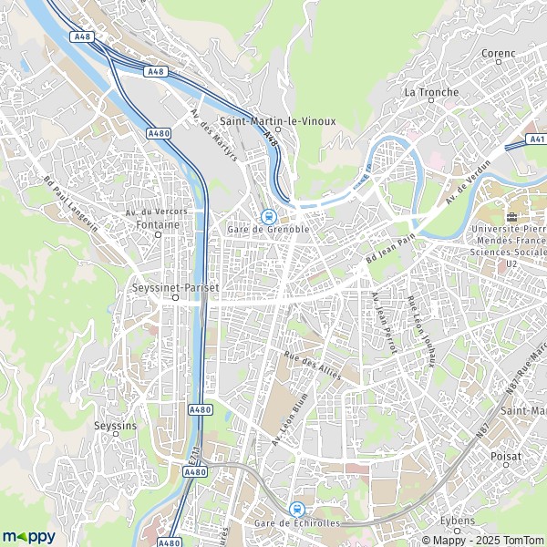 De kaart voor de stad Grenoble 38000-38100