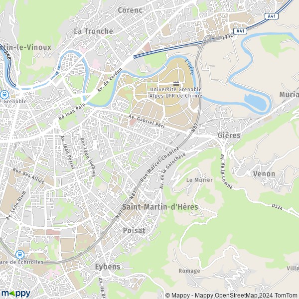 De kaart voor de stad Saint-Martin-d'Hères 38400
