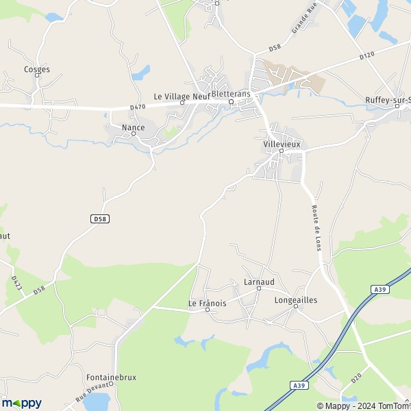 Plattegrond Villevieux kaart van Villevieux (39140) en praktische info