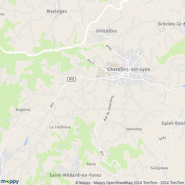 De kaart voor de stad Chazelles-sur-Lyon 42140