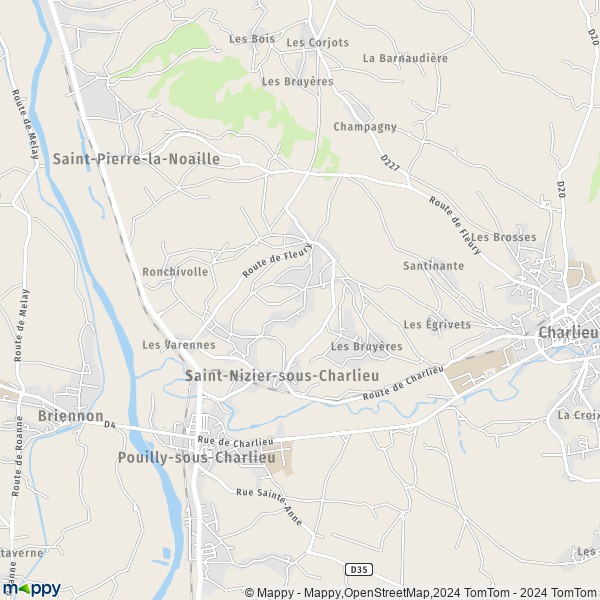 De kaart voor de stad Saint-Nizier-sous-Charlieu 42190