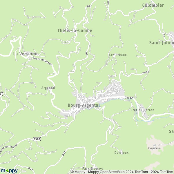 De kaart voor de stad Bourg-Argental 42220