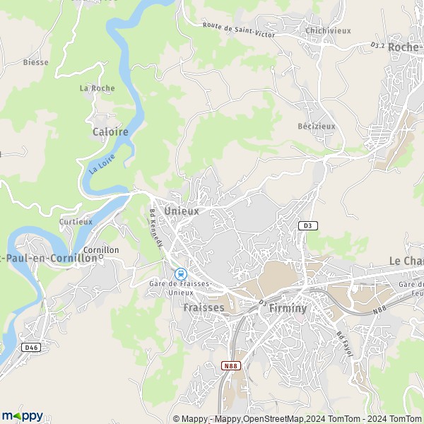 De kaart voor de stad Unieux 42240