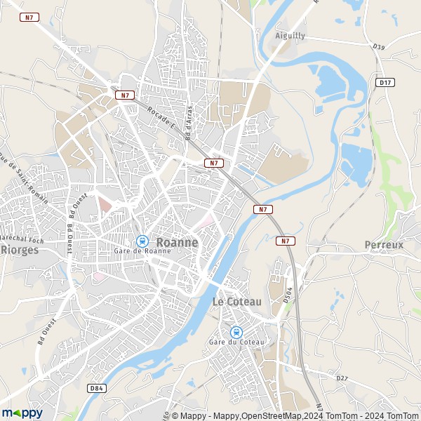 De kaart voor de stad Roanne 42300