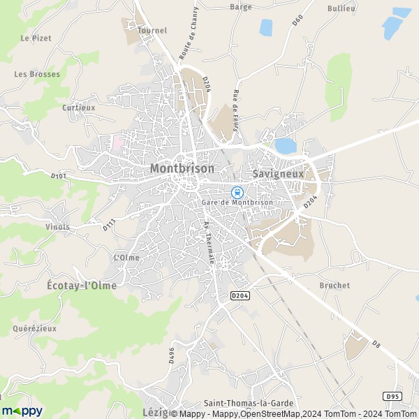 De kaart voor de stad Montbrison 42600
