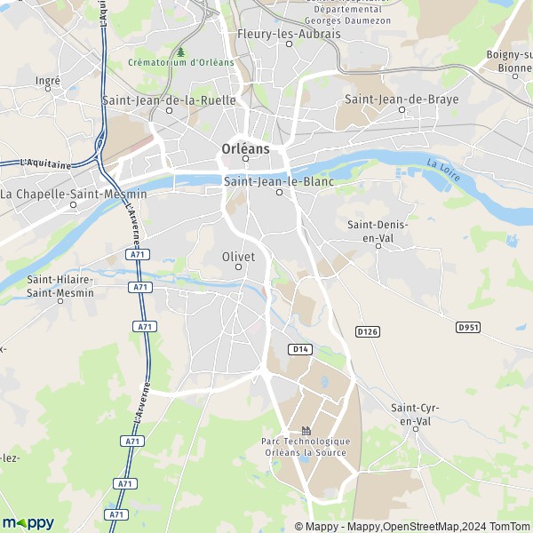 De kaart voor de stad Orléans 45000-45100
