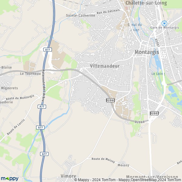 De kaart voor de stad Villemandeur 45700
