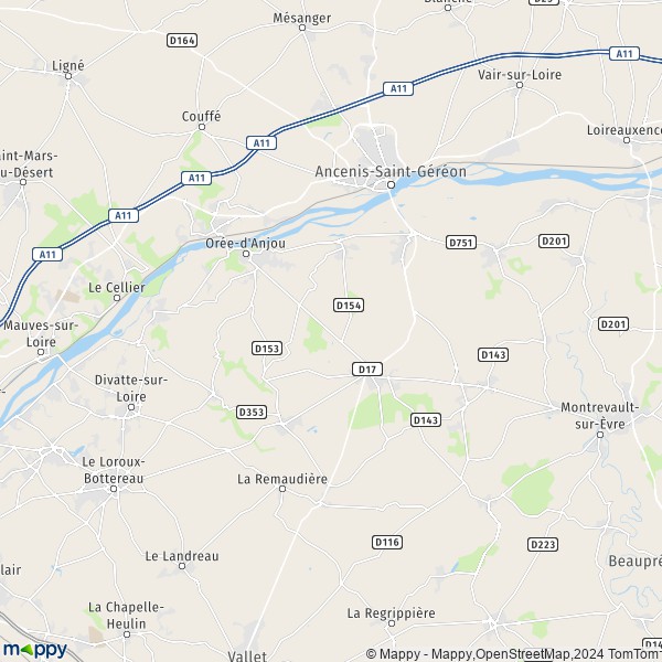 De kaart voor de stad Orée-d'Anjou 49270-49530