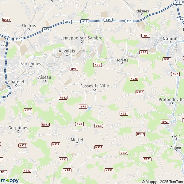 De kaart voor de stad 5060-5150 Fosses-la-Ville