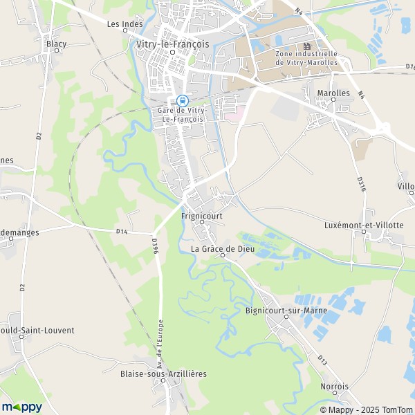 De kaart voor de stad Frignicourt 51300