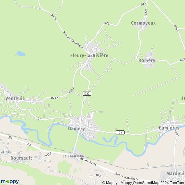 De kaart voor de stad Damery 51480