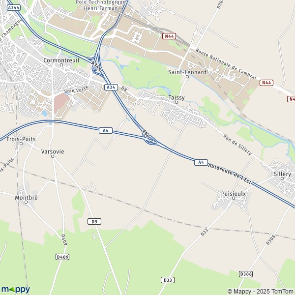 De kaart voor de stad Taissy 51500