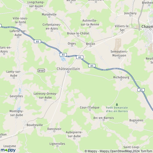 De kaart voor de stad Châteauvillain 52120