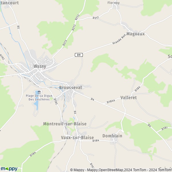 De kaart voor de stad Brousseval 52130
