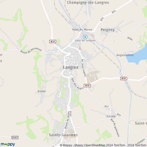 De kaart voor de stad Langres 52200