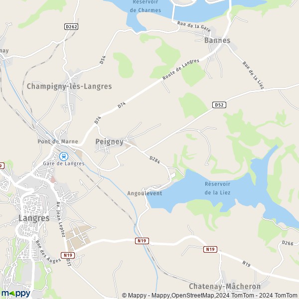 De kaart voor de stad Peigney 52200