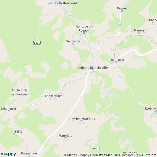 De kaart voor de stad Andelot-Blancheville 52700
