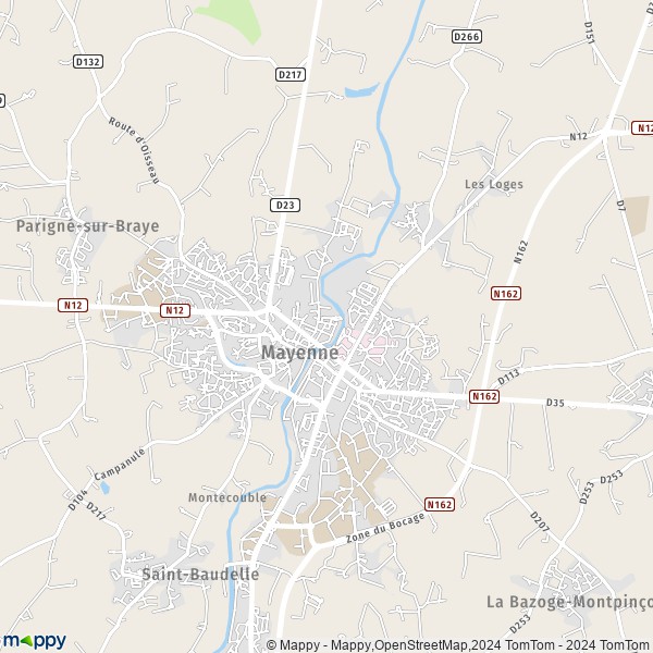 De kaart voor de stad Mayenne 53100
