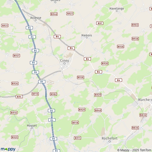 De kaart voor de stad 5362-5590 Ciney