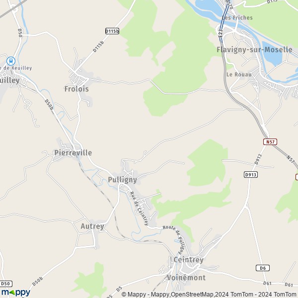 De kaart voor de stad Pulligny 54160