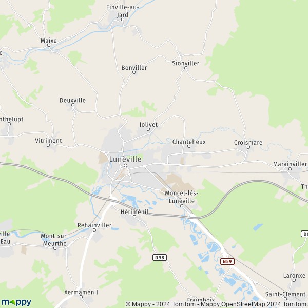 De kaart voor de stad Lunéville 54300