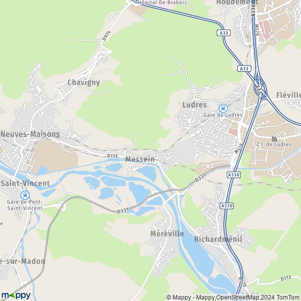 De kaart voor de stad Messein 54850