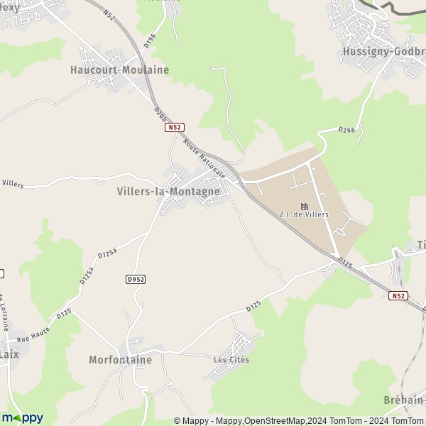 De kaart voor de stad Villers-la-Montagne 54920