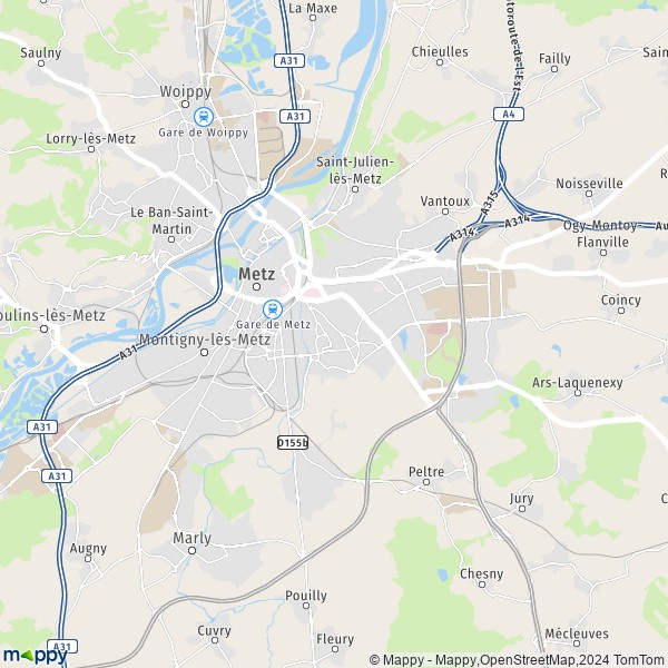 De kaart voor de stad Metz 57000-57070