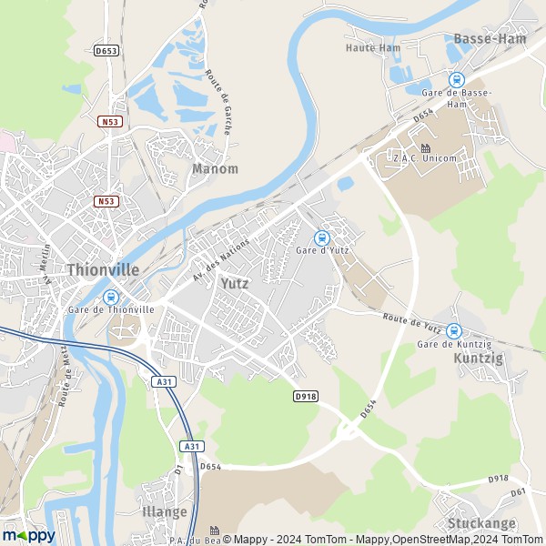 De kaart voor de stad Yutz 57970