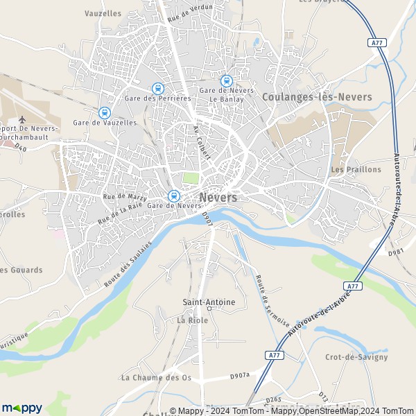 De kaart voor de stad Nevers 58000