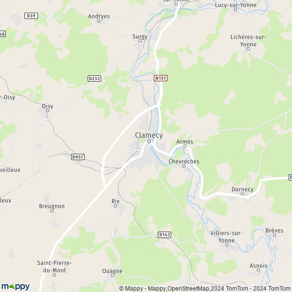 De kaart voor de stad Clamecy 58500