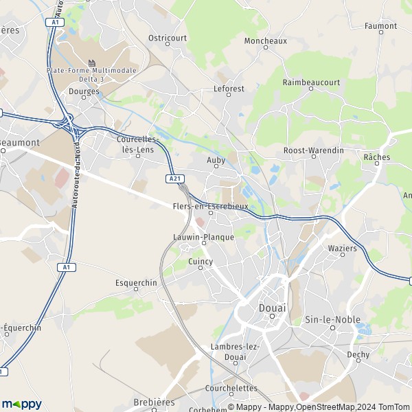 De kaart voor de stad Flers-en-Escrebieux 59128