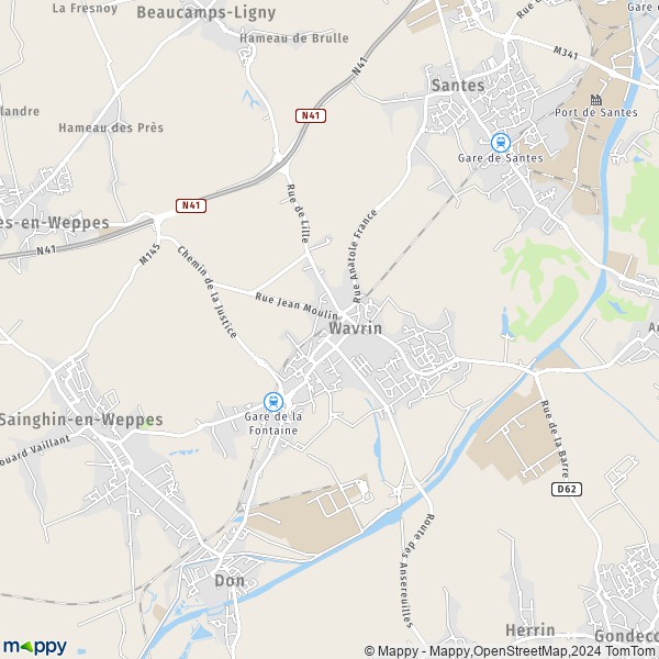 De kaart voor de stad Wavrin 59136