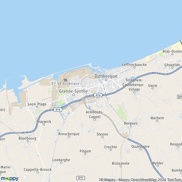 De kaart voor de stad Duinkerke 59140-59640