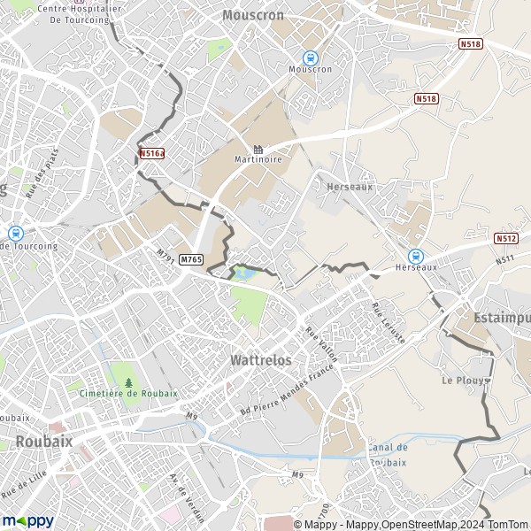 De kaart voor de stad Wattrelos 59150