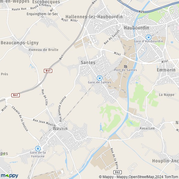 De kaart voor de stad Santes 59211