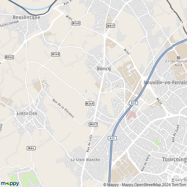 De kaart voor de stad Roncq 59223
