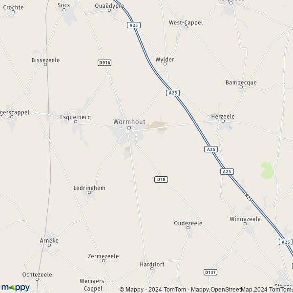 De kaart voor de stad Wormhout 59470
