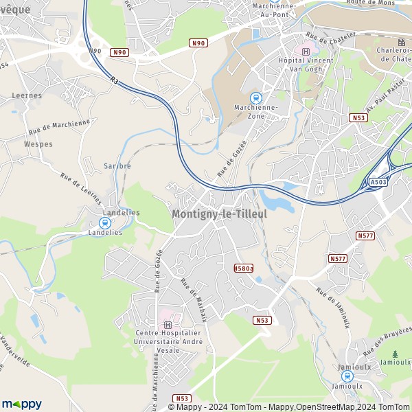 De kaart voor de stad 6110-6111 Montigny-le-Tilleul