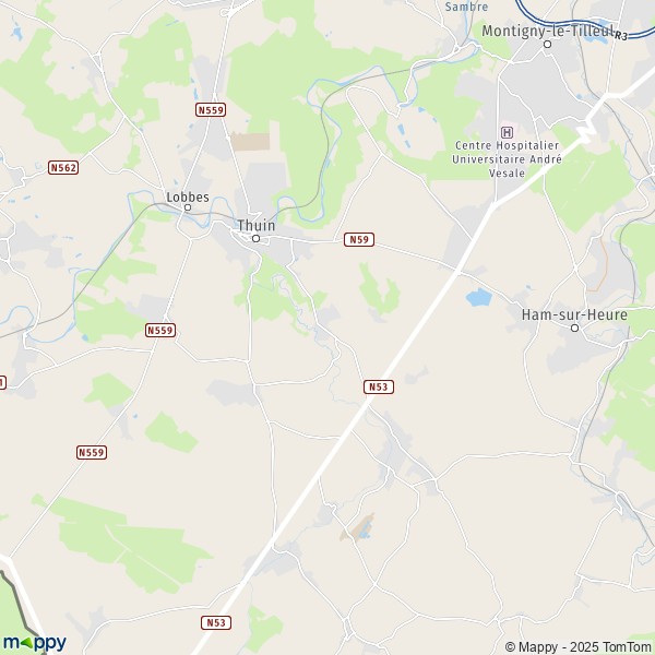 De kaart voor de stad 6111-6536 Thuin