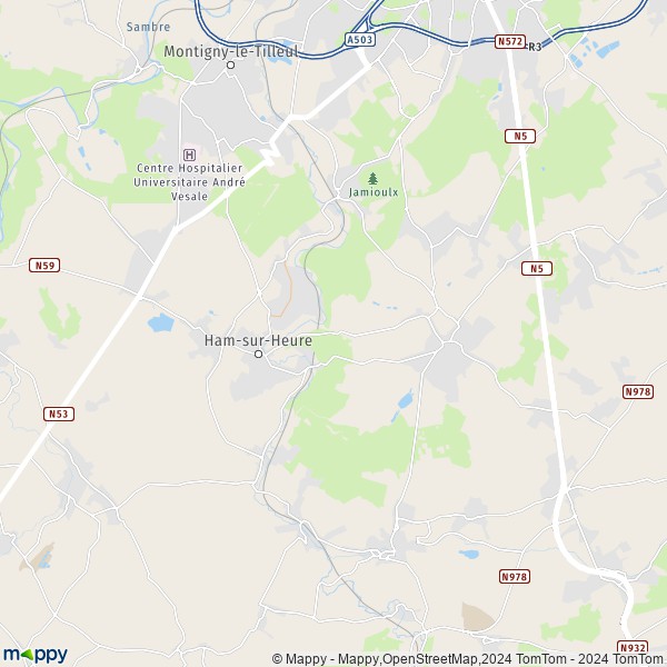 De kaart voor de stad 6120-6534 Ham-sur-Heure-Nalinnes