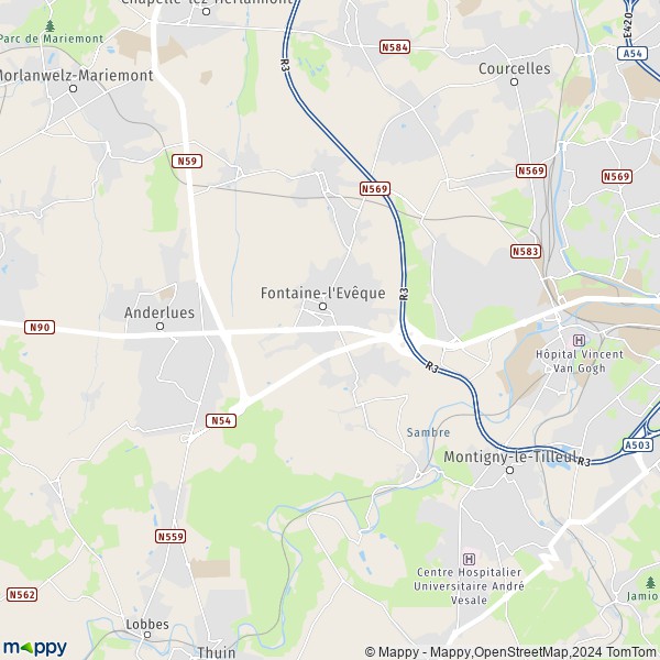 De kaart voor de stad 6140-7160 Fontaine-l'Evêque
