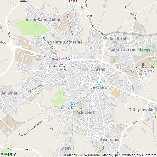 De kaart voor de stad Arras 62000